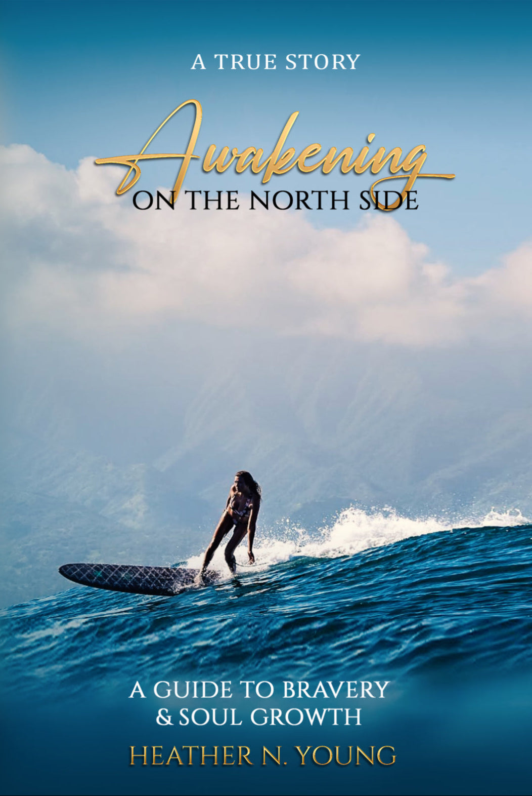 Book cover of 'Awakening on the North Side' with a person surfing and title text.